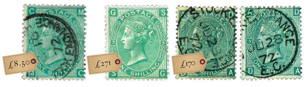 Третья марка слева - фальшивка, остальные подлинные, причем четвертая даже погашена тем же штемпелем!