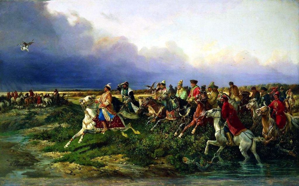 «Царь Алексей Михайлович с боярами на соколиной охоте». Николай Сверчков, 1873